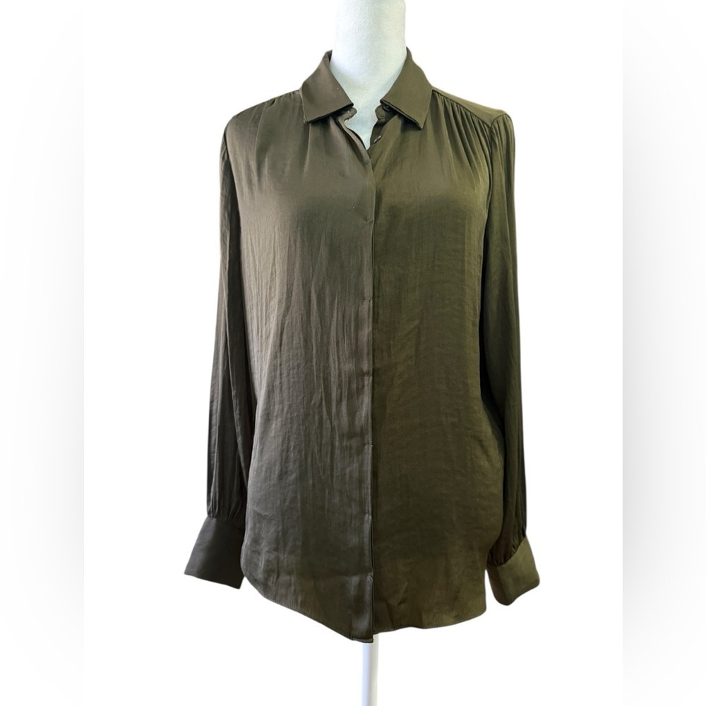 Tahari Olive Green Silky Button up Top Office Evening Small